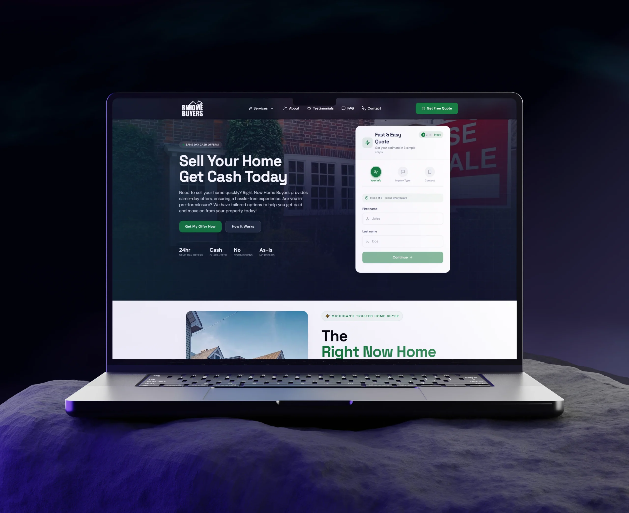 Right Now Home Buyers homepage mockup designed by Dynamic Designs Agency, displayed on a laptop showing a cash home buying service with a same-day offer form in Michigan.